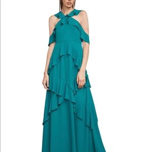 BCBGMAXAZRIA Teal Green Audrianna Georgette Ruffled Halter Sleeveless Gown